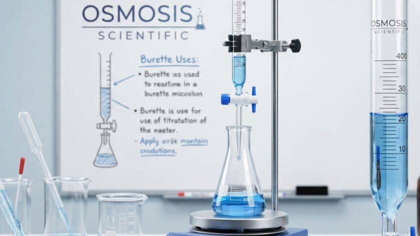 Laboratory Burette Guide feature image - Titration setup with burette and flask - Osmosis Scientific