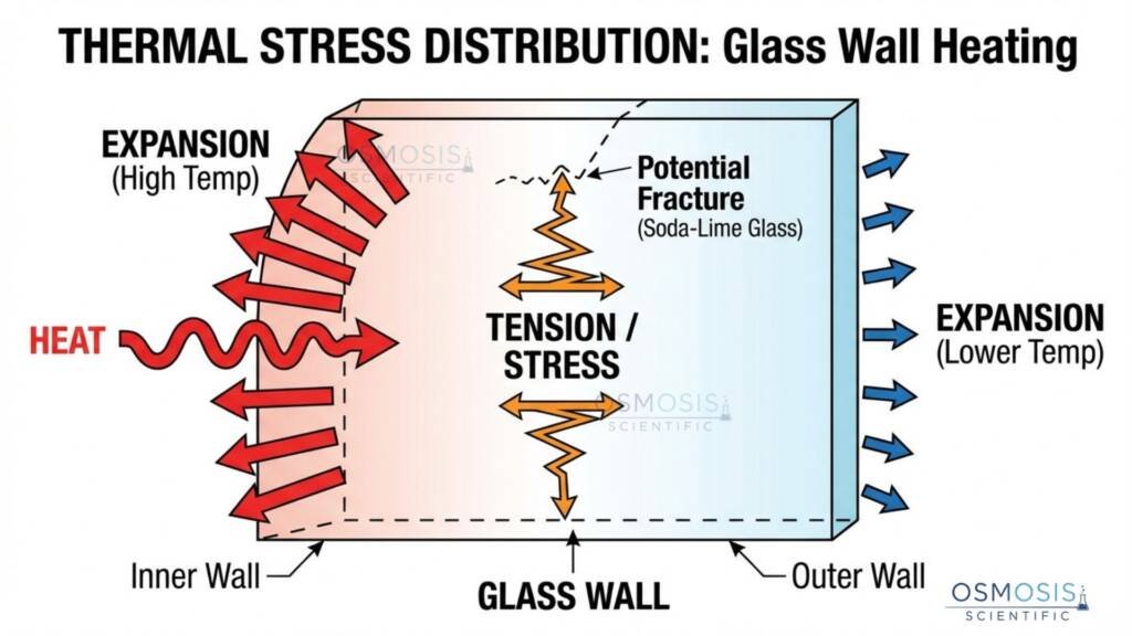 Cross-section diagram showing thermal stress distribution in a glass wall during heating, illustrating inner wall expansion and tension stress formation