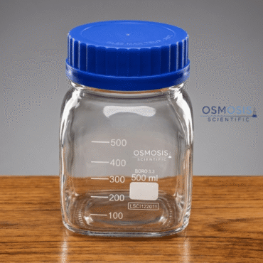 A 500ml square-shaped borosilicate glass reagent bottle with a wide GL80 opening and a blue screw cap, featuring white graduation marks.