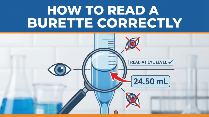 A close-up side view of a glass burette showing a concave meniscus aligned perfectly at eye level