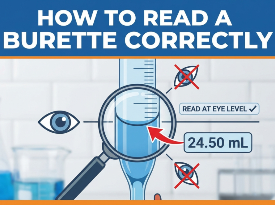 A close-up side view of a glass burette showing a concave meniscus aligned perfectly at eye level