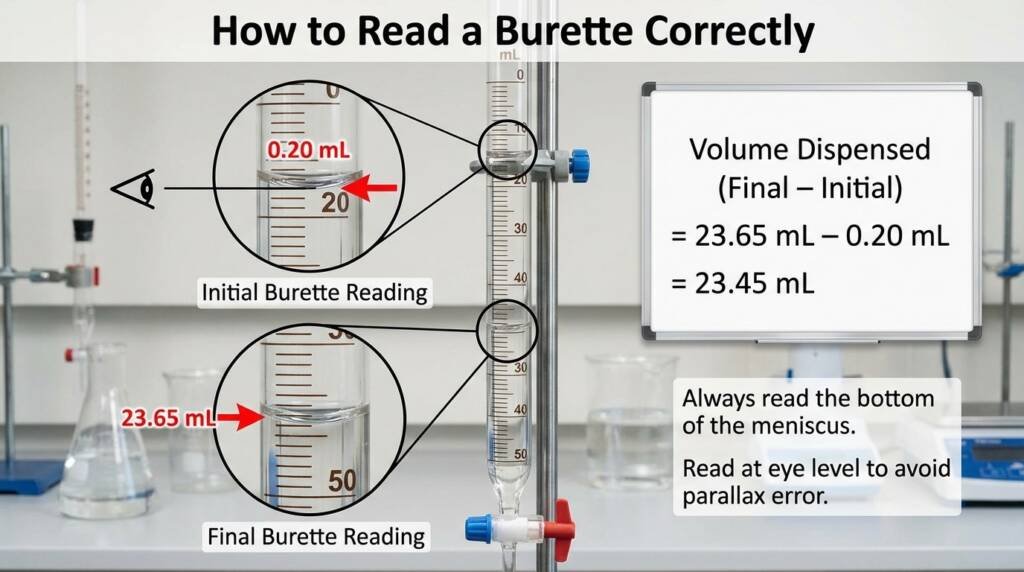 A detailed laboratory guide showing how to read a burette, featuring magnified views of the initial reading at 0.20 mL and final reading at 23.65 mL, with a calculation for total volume dispensed.