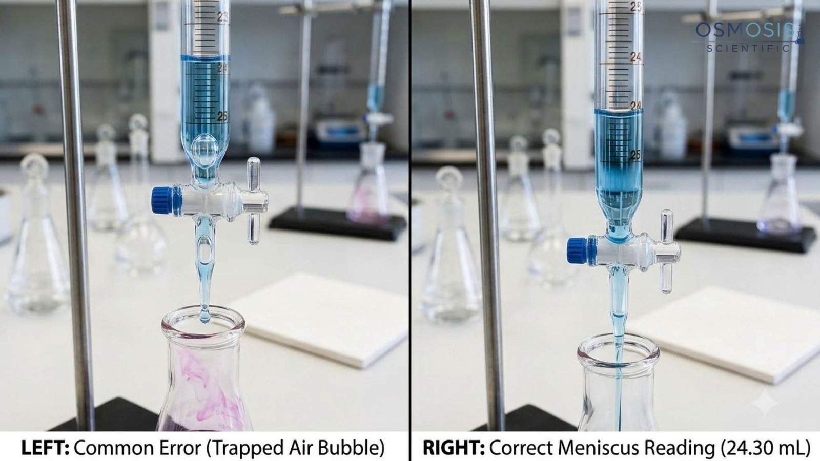 Burette tip showing an air bubble and correct meniscus position during titration
