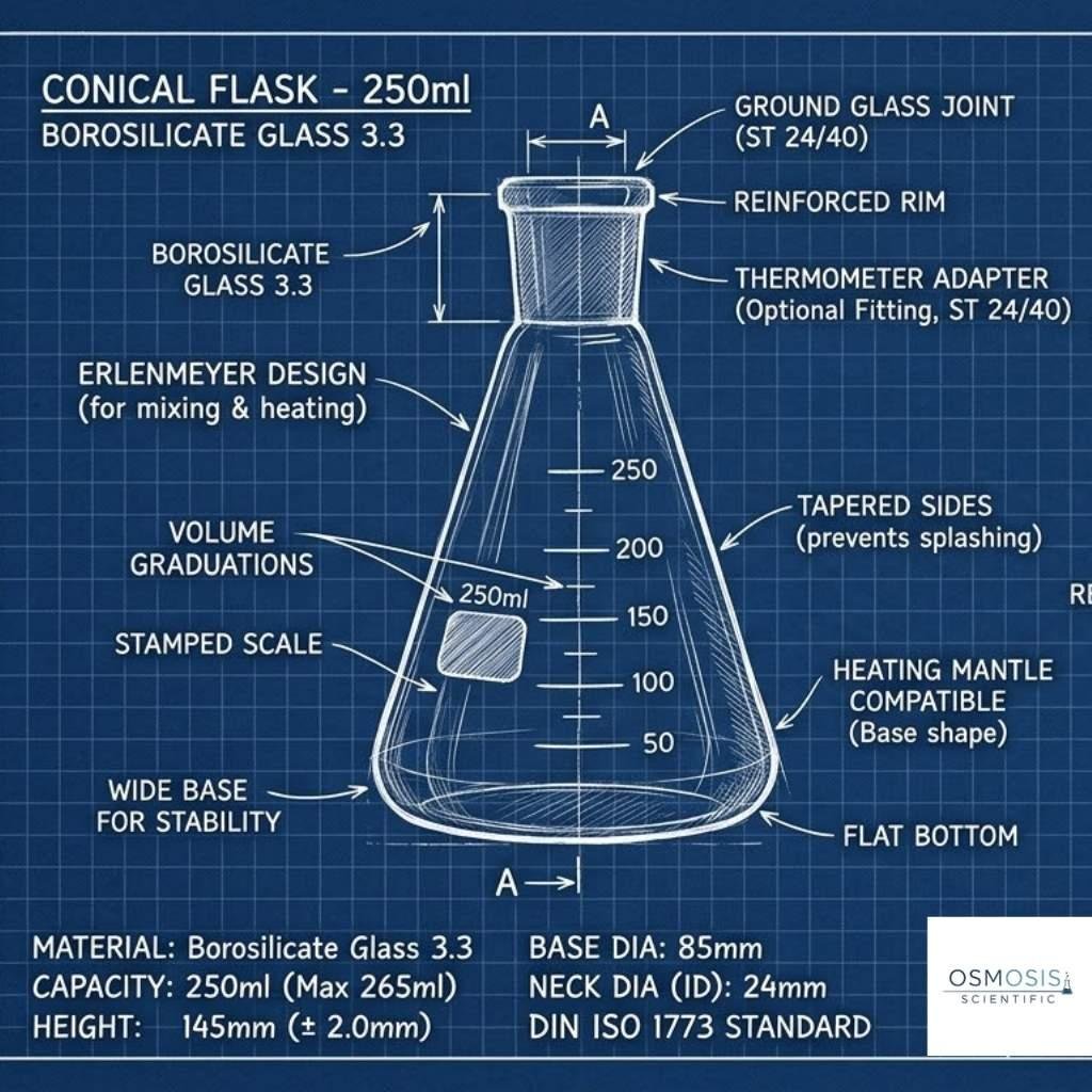 Technical blueprint diagram of a 250ml borosilicate glass Erlenmeyer conical flask on a blue grid background, featuring callouts for dimensions, volume graduations, and standard specifications.