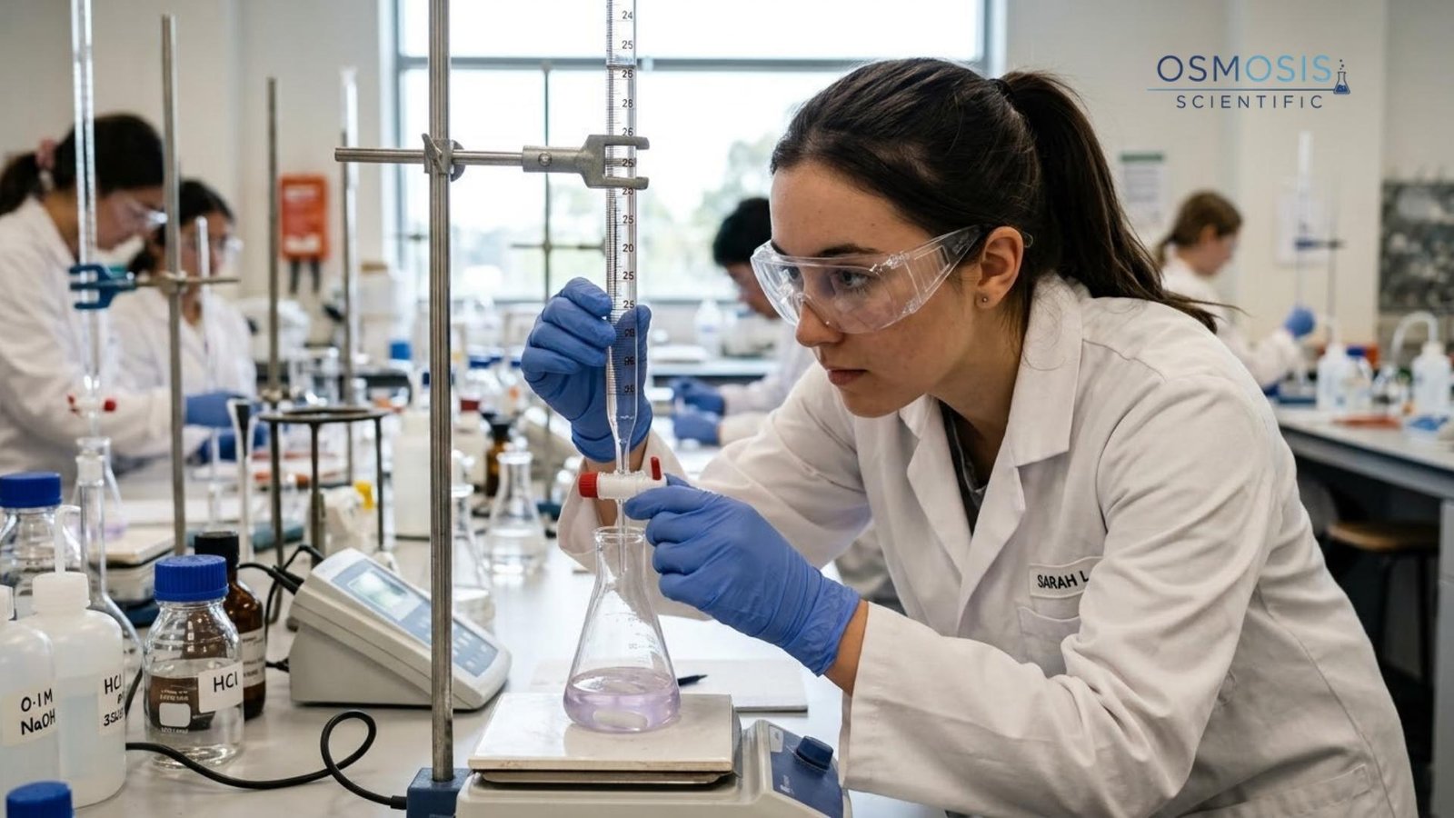 Student checking a burette during titration troubleshooting to prevent endpoint and meniscus reading errors