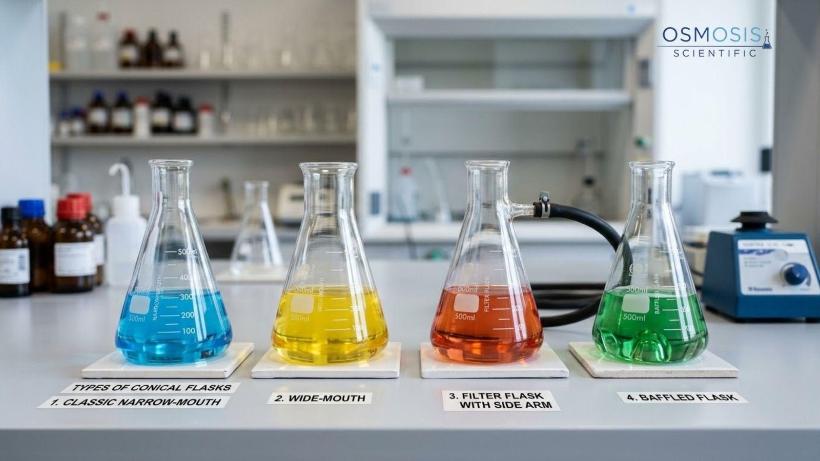 Different types of conical flasks including narrow-mouth, wide-mouth, filter and baffled flasks